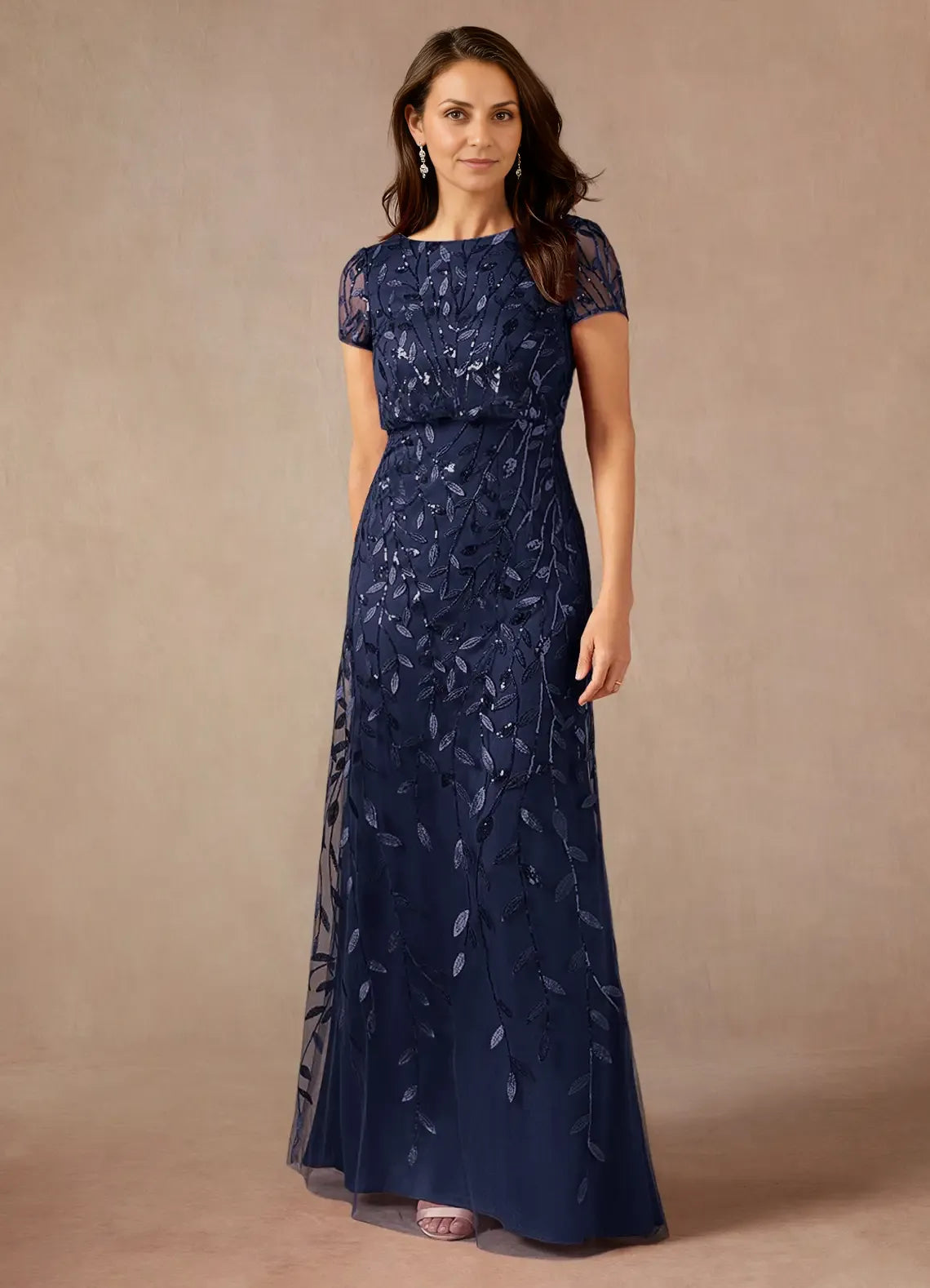 Weitese Dress Dark Navy A-Line Sequins Maxi Dress Elegant Boat Neck Short Sleeves Back Zip Mother of the Bride Dress
