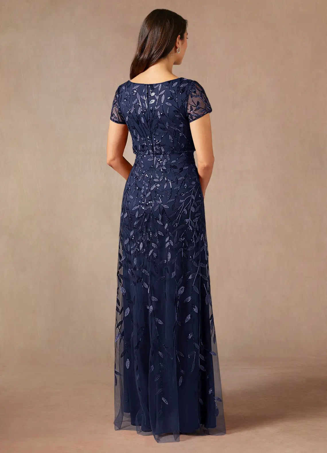 Weitese Dress Dark Navy A-Line Sequins Maxi Dress Elegant Boat Neck Short Sleeves Back Zip Mother of the Bride Dress
