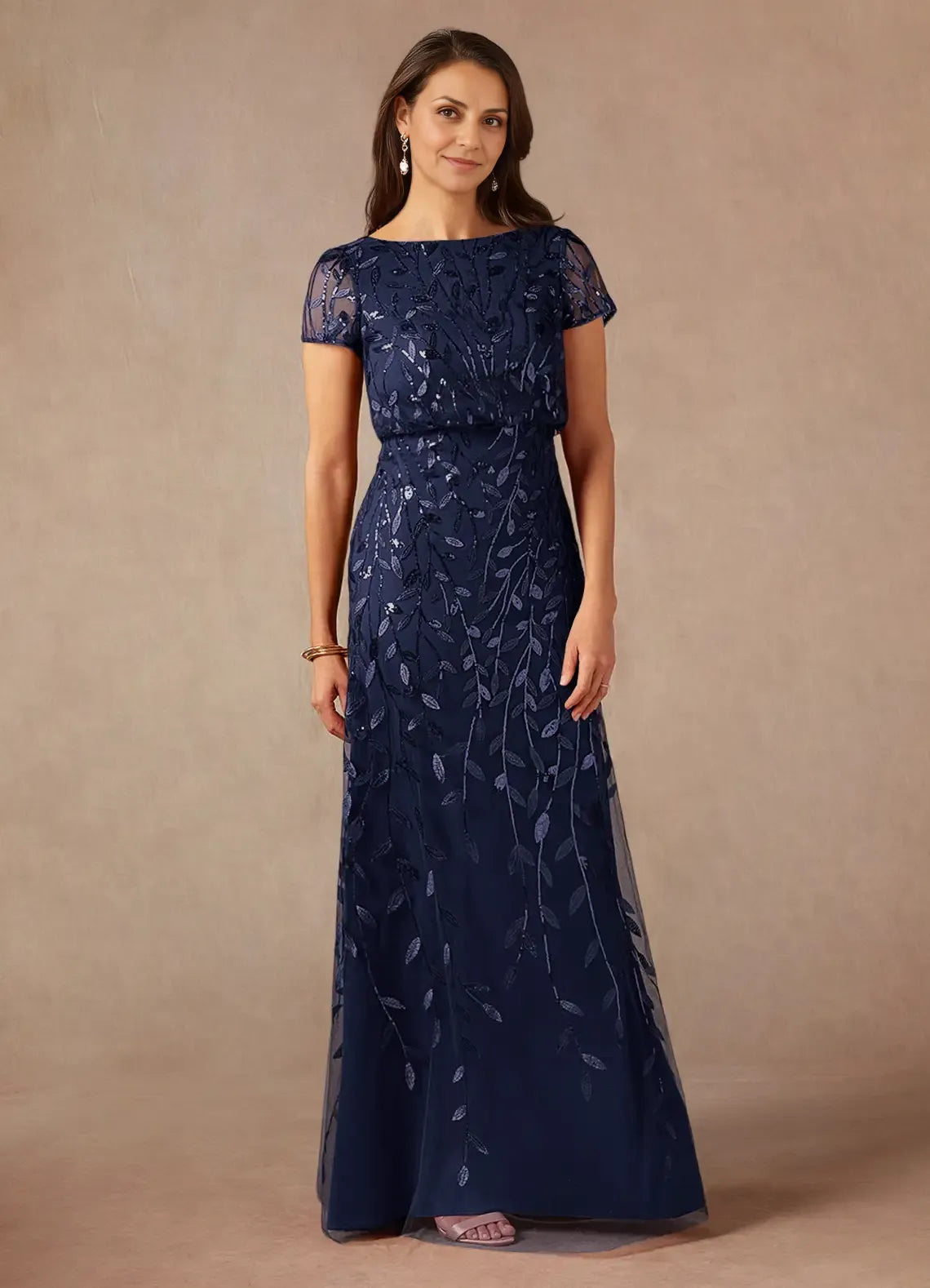 Weitese Dress Dark Navy A-Line Sequins Maxi Dress Elegant Boat Neck Short Sleeves Back Zip Mother of the Bride Dress