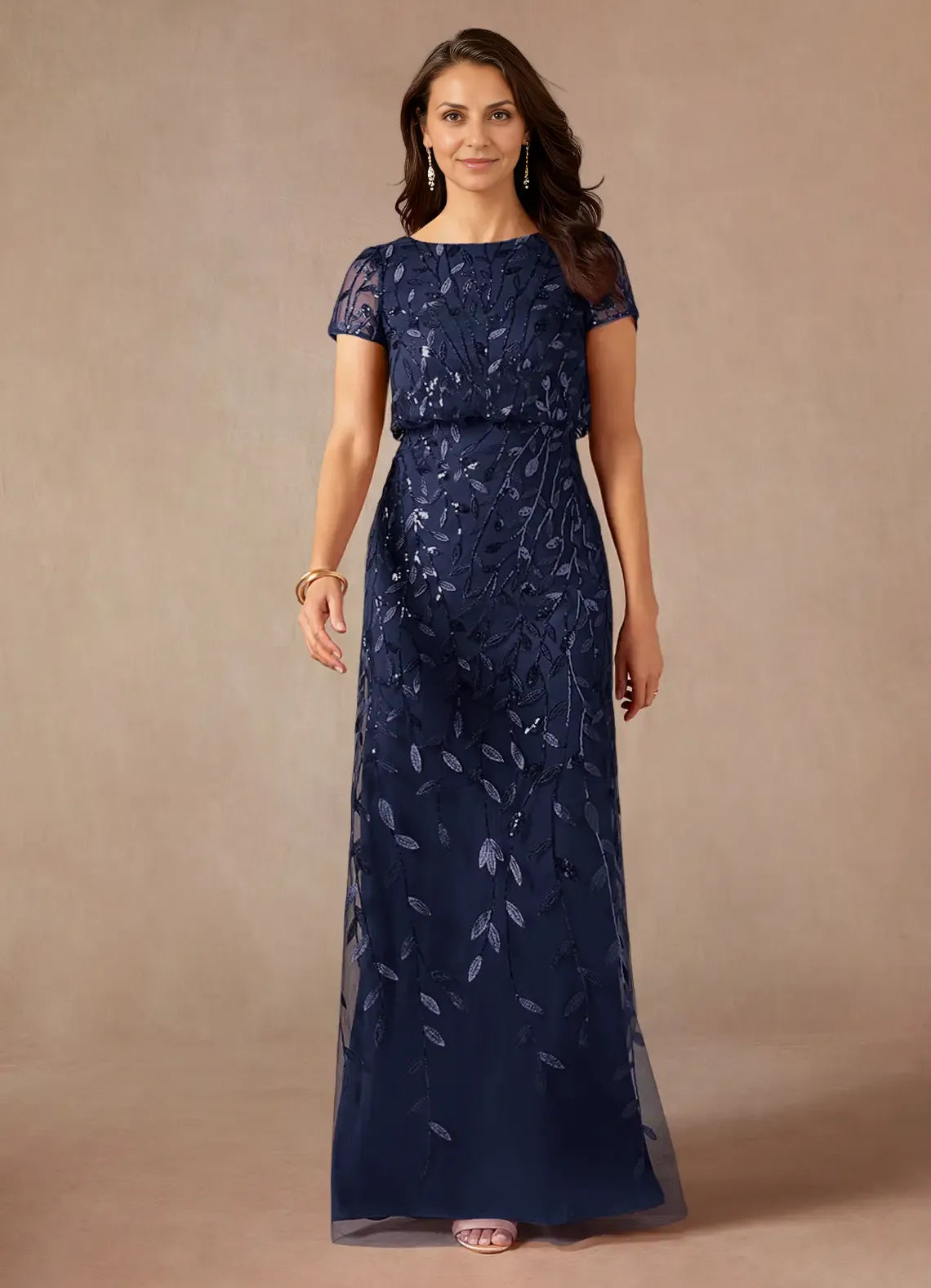 Weitese Dress Dark Navy A-Line Sequins Maxi Dress Elegant Boat Neck Short Sleeves Back Zip Mother of the Bride Dress
