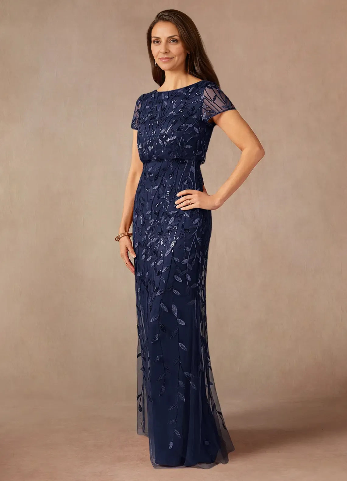 Weitese Dress Dark Navy A-Line Sequins Maxi Dress Elegant Boat Neck Short Sleeves Back Zip Mother of the Bride Dress