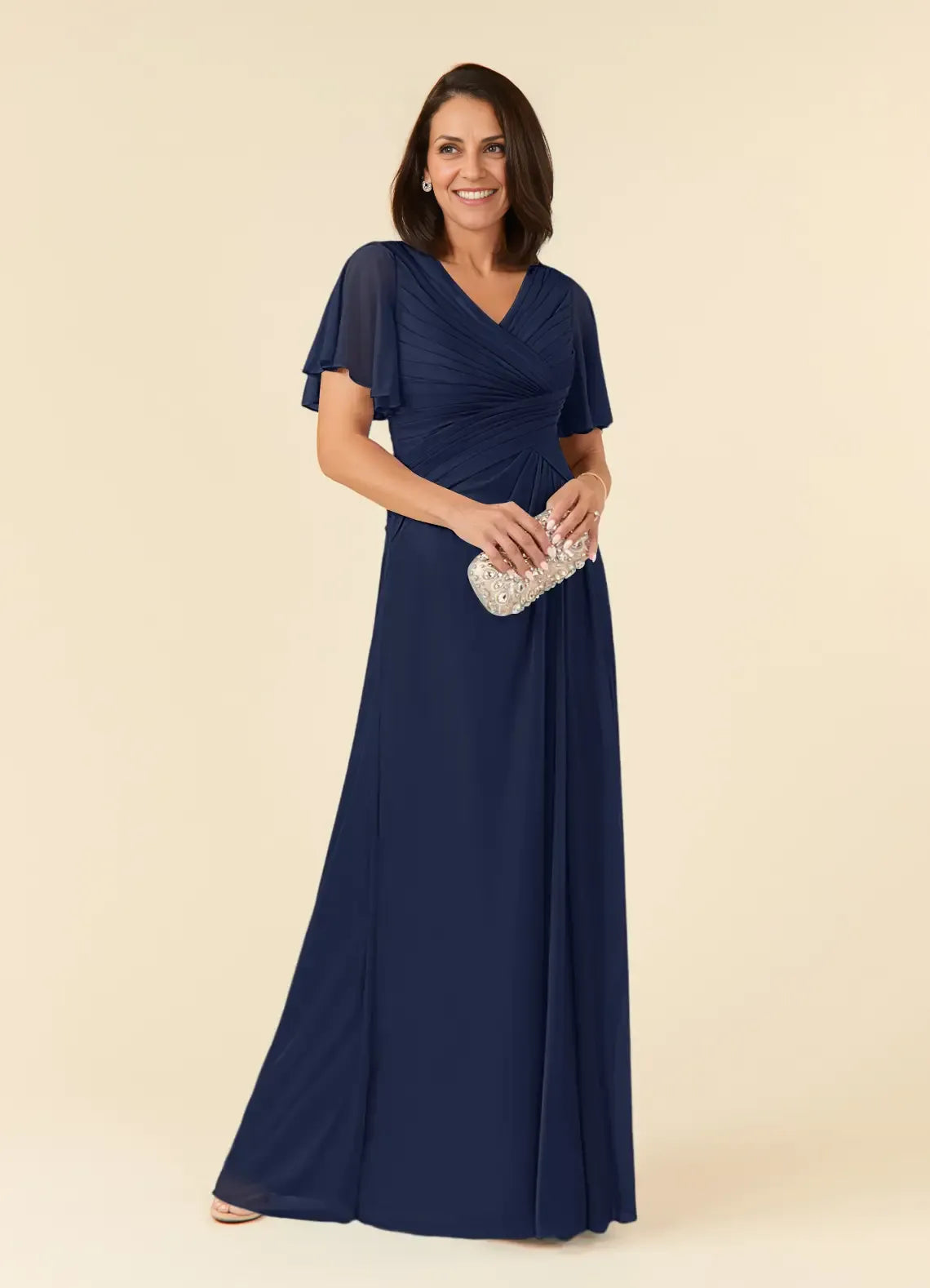 Weitese Dress Dark Navy A-Line V-Neck Pleated Maxi Dress Elegant Flutter Sleeve V Back Mother of the Bride Dress