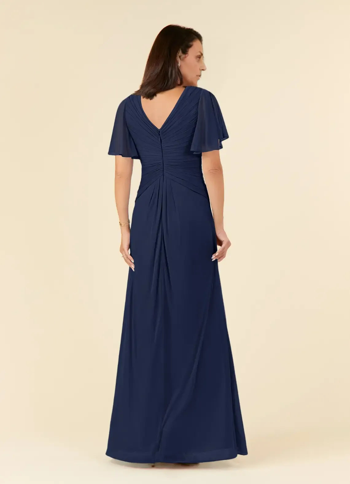 Weitese Dress Dark Navy A-Line V-Neck Pleated Maxi Dress Elegant Flutter Sleeve V Back Mother of the Bride Dress
