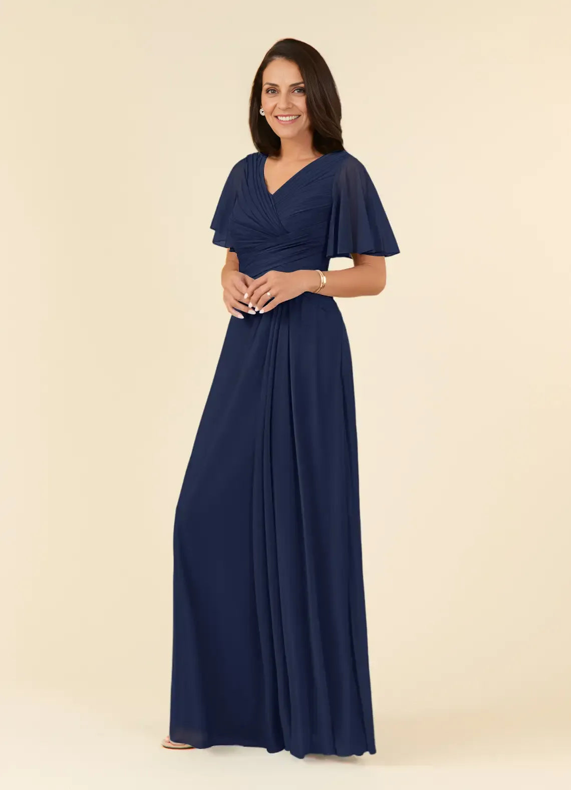 Weitese Dress Dark Navy A-Line V-Neck Pleated Maxi Dress Elegant Flutter Sleeve V Back Mother of the Bride Dress