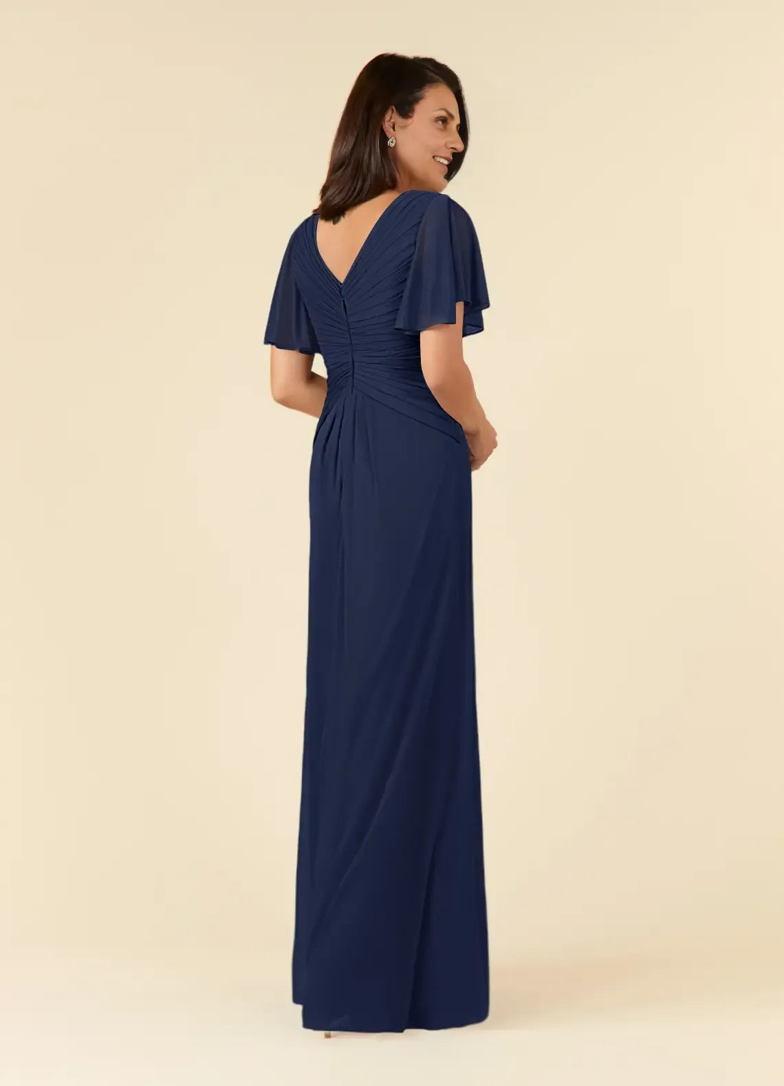 Weitese Dress Dark Navy A-Line V-Neck Pleated Maxi Dress Elegant Flutter Sleeve V Back Mother of the Bride Dress