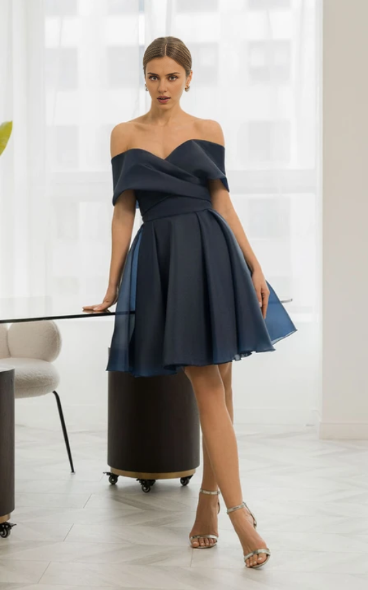 Robe Weitese bleu marine foncé, courte, croisée, coupe trapèze, en satin, robe de bal, tenue de soirée 