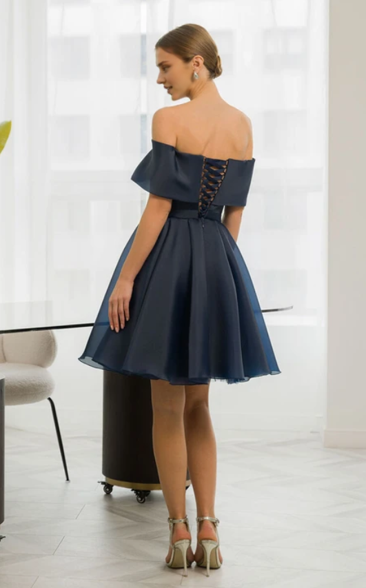 Robe Weitese bleu marine foncé, courte, croisée, coupe trapèze, en satin, robe de bal, tenue de soirée 