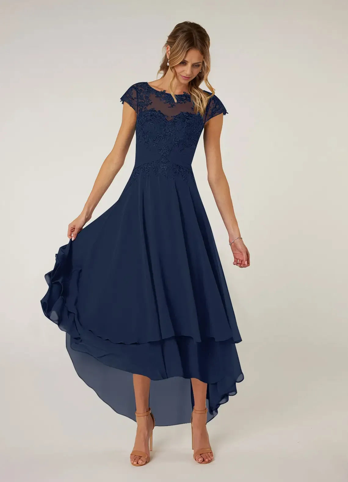Weitese Dress Dark Navy Lace A-Line Pleated Chiffon Maxi Dress Classic Cap Sleeves Back Zip Mother of the Bride Dress