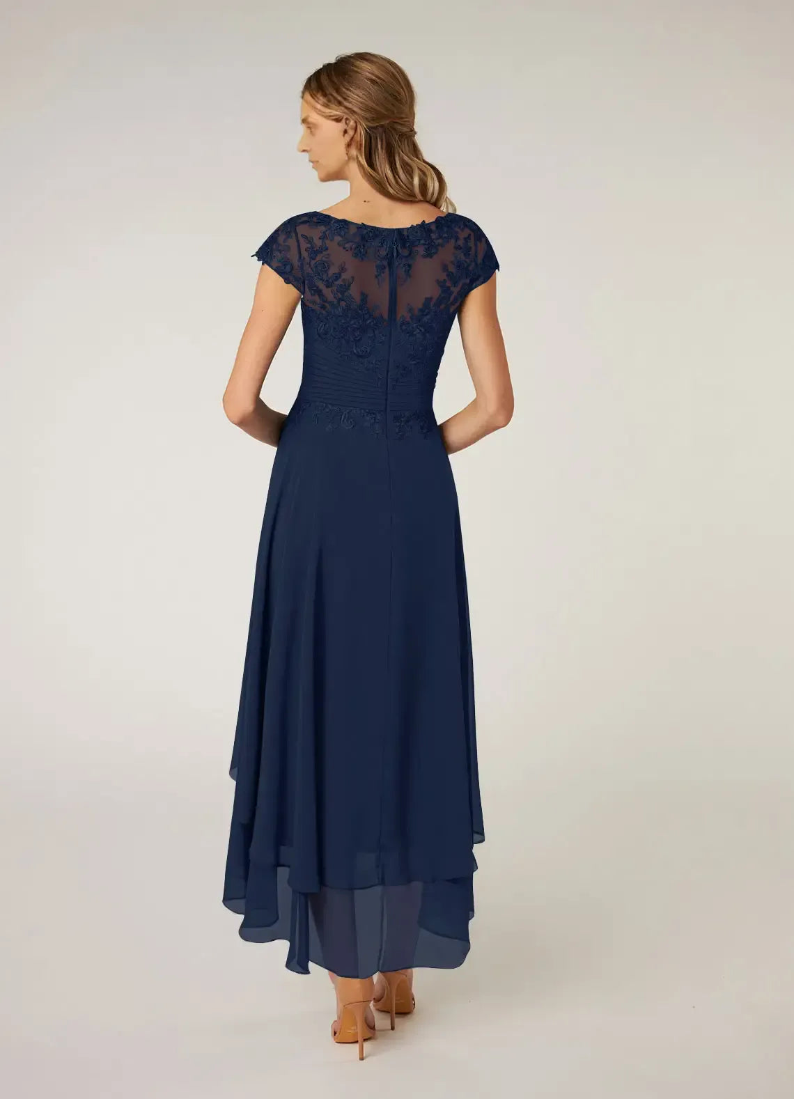 Weitese Dress Dark Navy Lace A-Line Pleated Chiffon Maxi Dress Classic Cap Sleeves Back Zip Mother of the Bride Dress