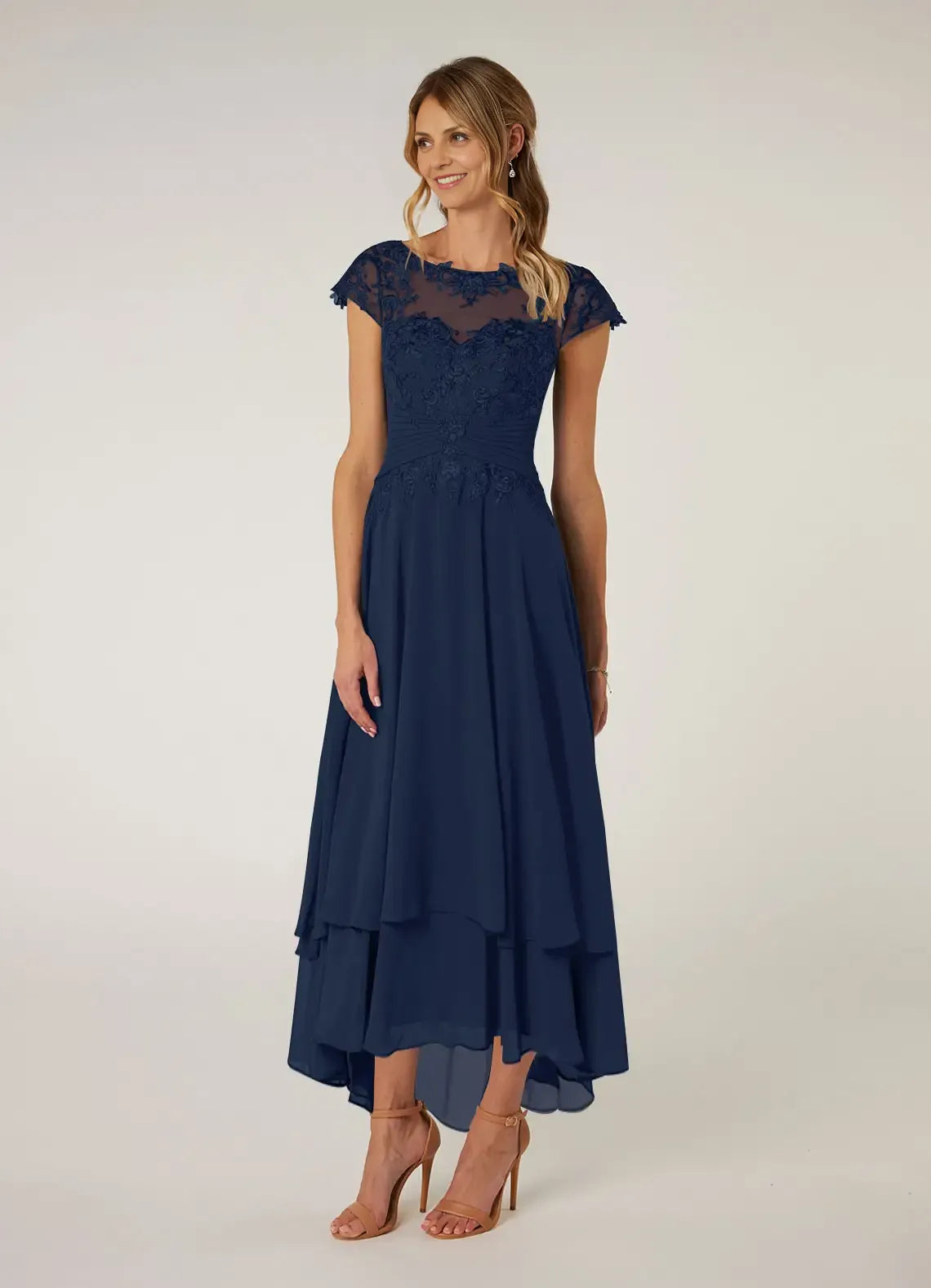 Weitese Dress Dark Navy Lace A-Line Pleated Chiffon Maxi Dress Classic Cap Sleeves Back Zip Mother of the Bride Dress