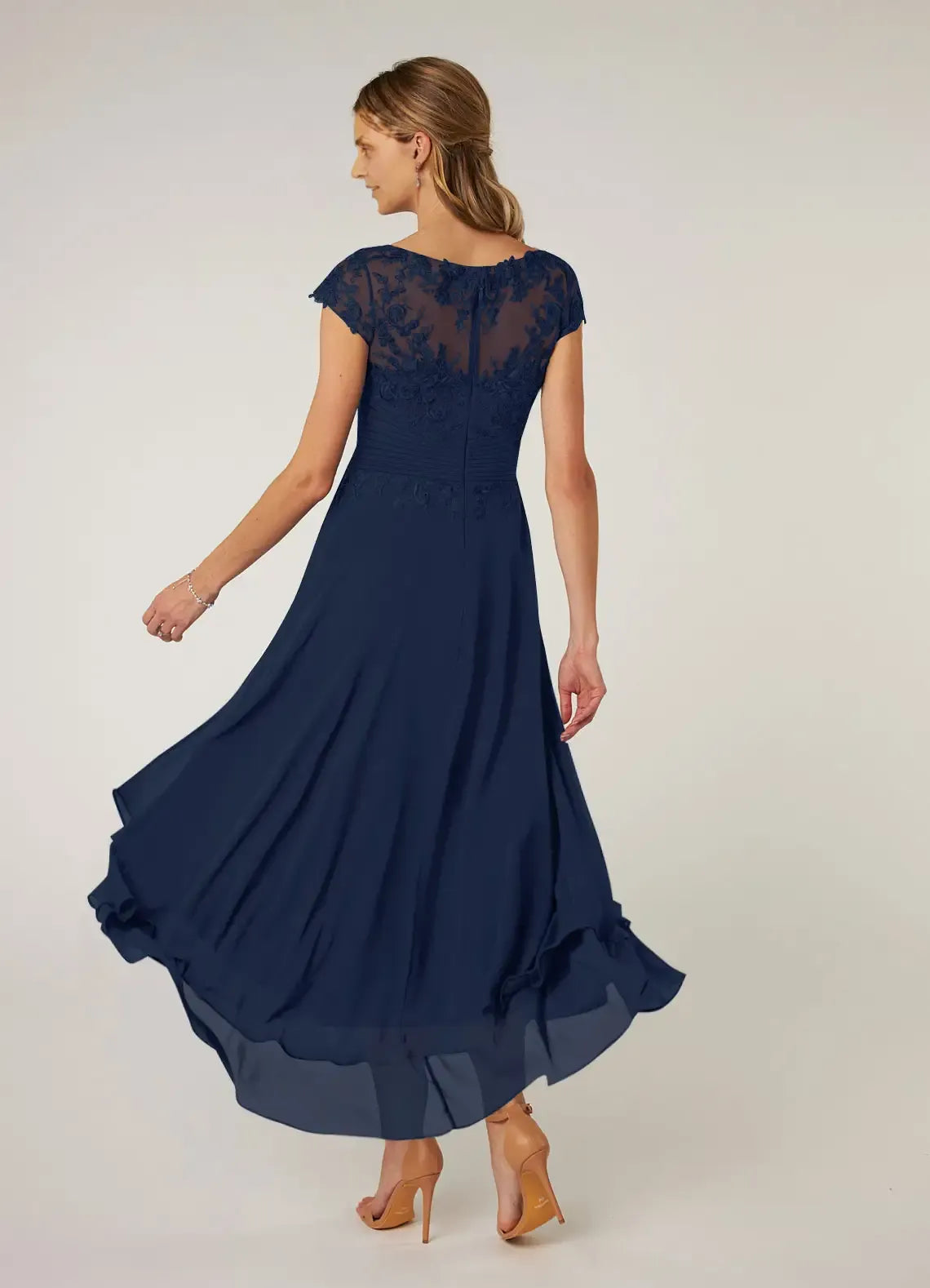 Weitese Dress Dark Navy Lace A-Line Pleated Chiffon Maxi Dress Classic Cap Sleeves Back Zip Mother of the Bride Dress