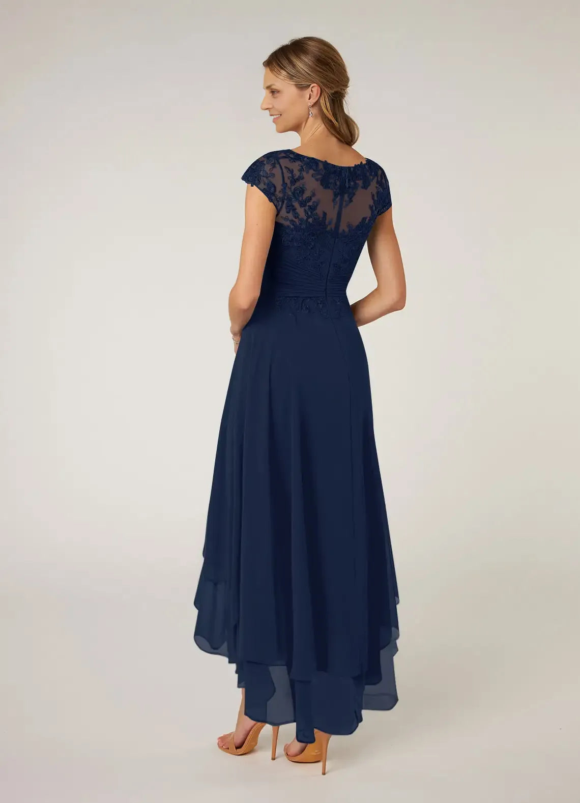 Weitese Dress Dark Navy Lace A-Line Pleated Chiffon Maxi Dress Classic Cap Sleeves Back Zip Mother of the Bride Dress