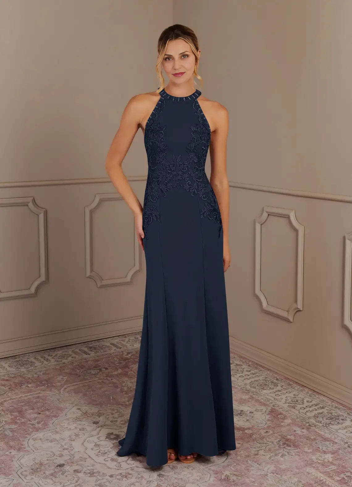 Weitese Dress Dark Navy Mermaid Halter Lace Maxi Dress Classic Sleeveless Back Zip Mother of the Bride Dress