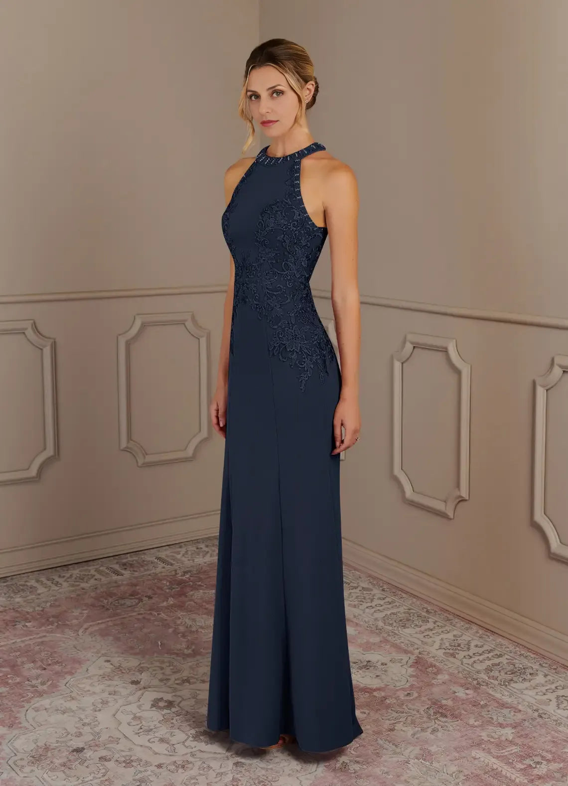 Weitese Dress Dark Navy Mermaid Halter Lace Maxi Dress Classic Sleeveless Back Zip Mother of the Bride Dress