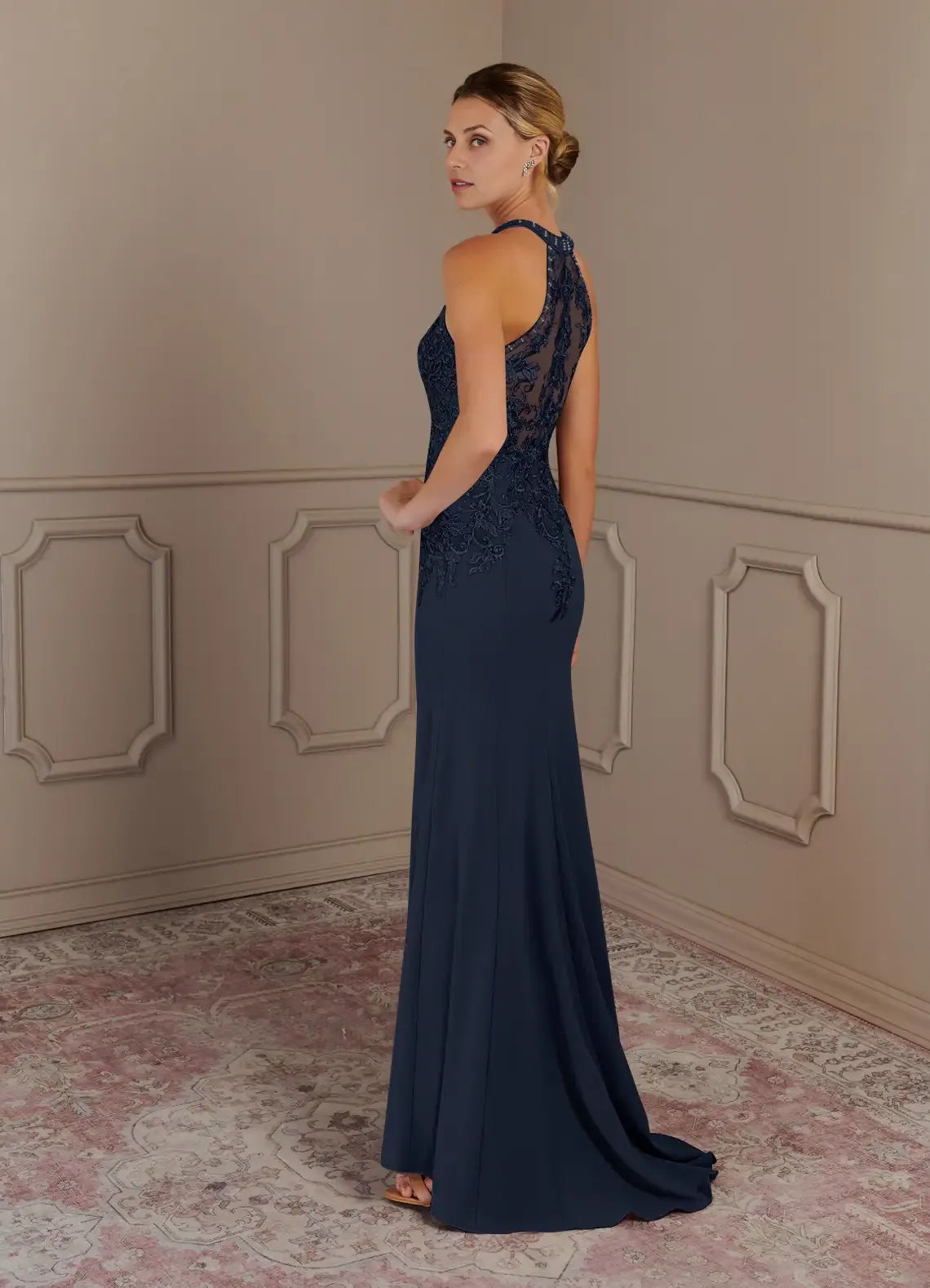 Weitese Dress Dark Navy Mermaid Halter Lace Maxi Dress Classic Sleeveless Back Zip Mother of the Bride Dress