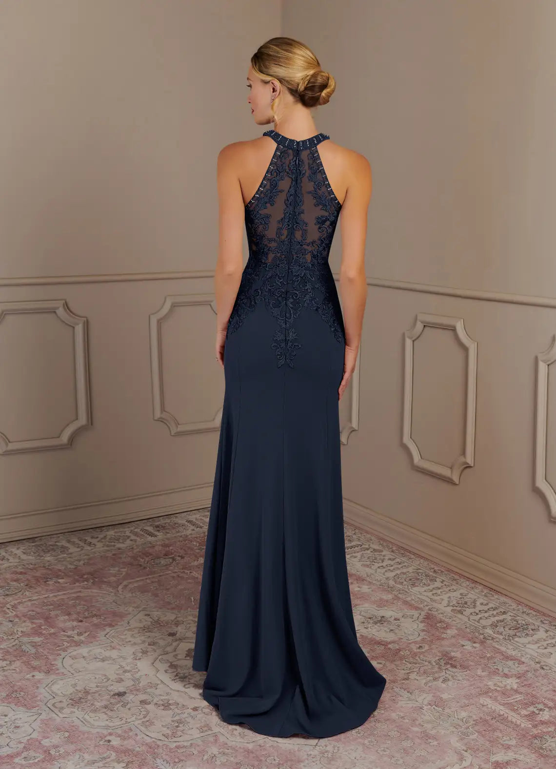 Weitese Dress Dark Navy Mermaid Halter Lace Maxi Dress Classic Sleeveless Back Zip Mother of the Bride Dress