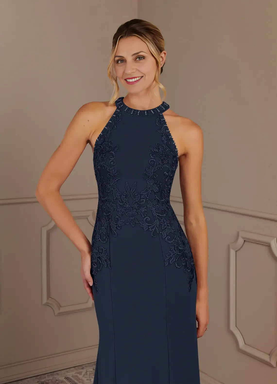 Weitese Dress Dark Navy Mermaid Halter Lace Maxi Dress Classic Sleeveless Back Zip Mother of the Bride Dress