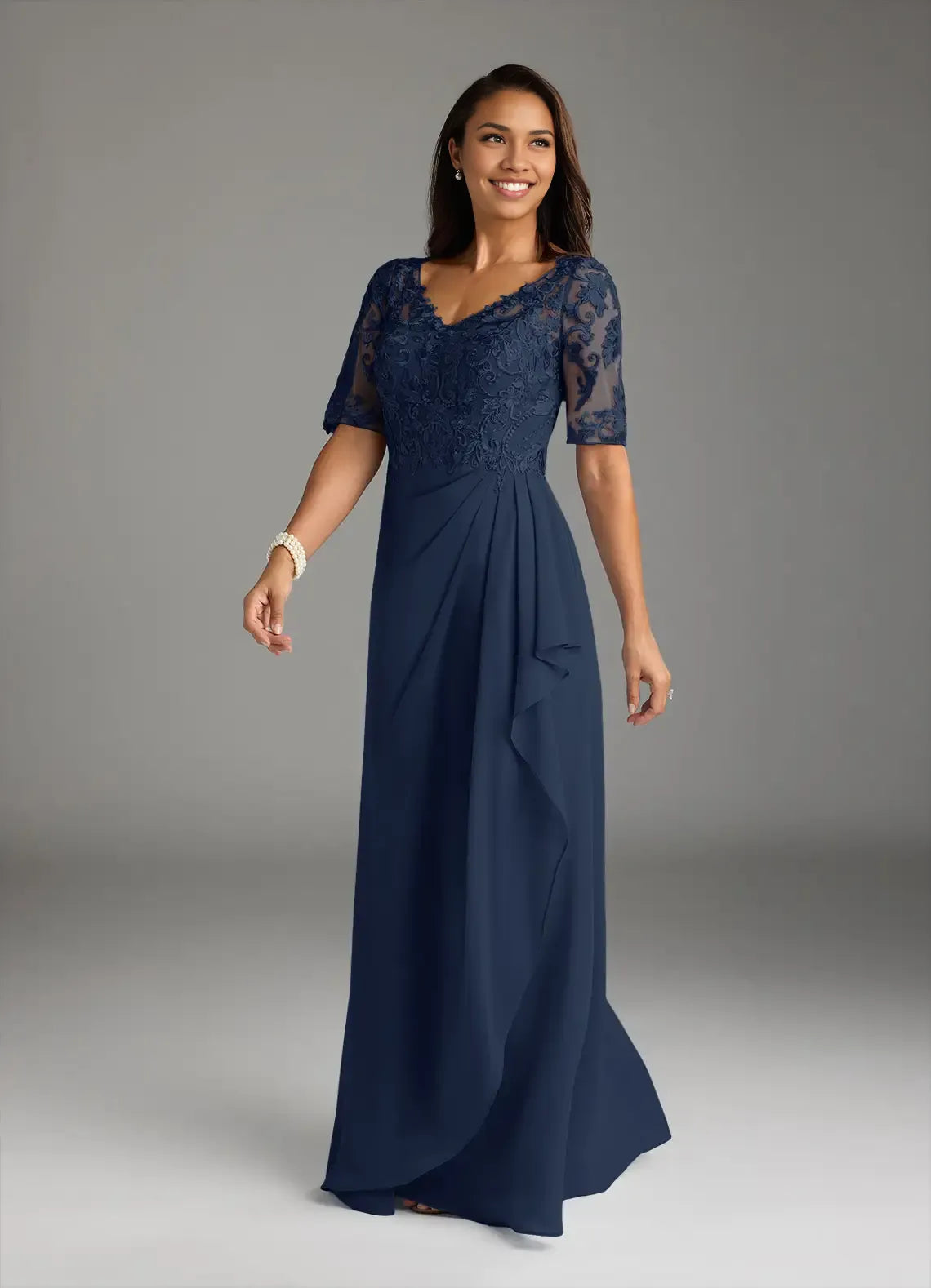 Robe Weitese bleu marine foncé, col en V, dentelle, mousseline, coupe trapèze, robe de soirée pour mère de la mariée, élégante, manches courtes, grande taille 