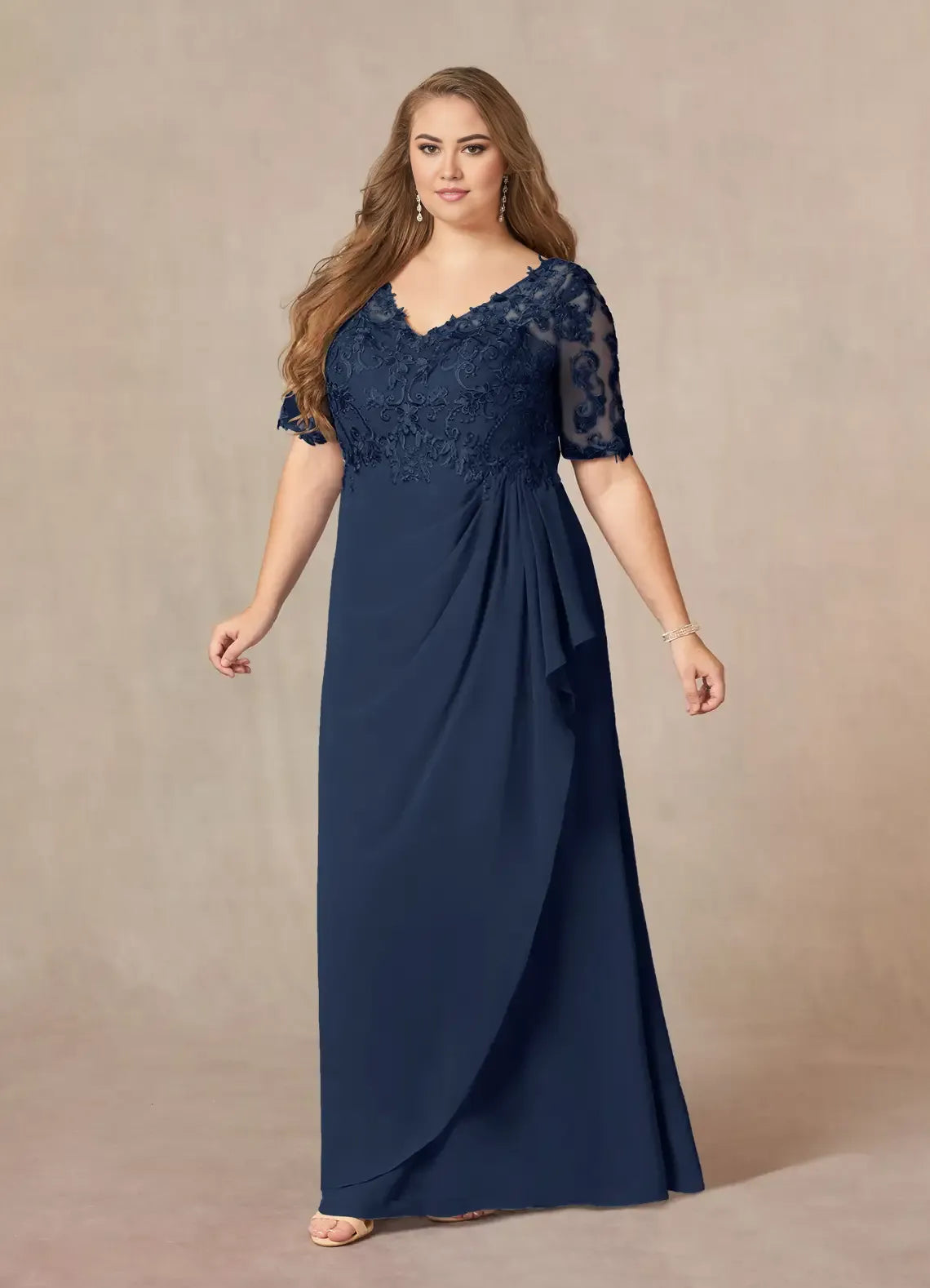 Robe Weitese bleu marine foncé, col en V, dentelle, mousseline, coupe trapèze, robe de soirée pour mère de la mariée, élégante, manches courtes, grande taille 