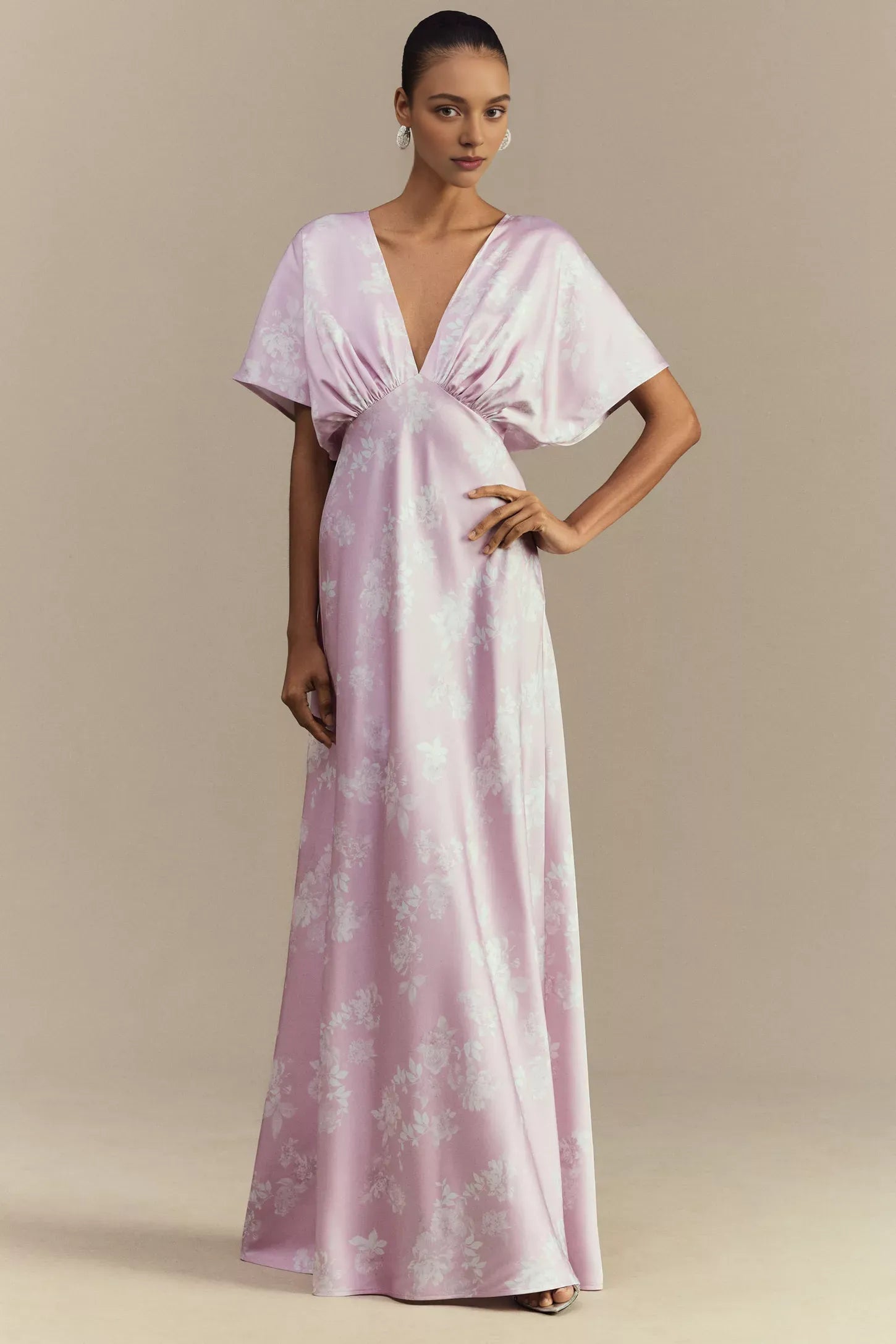 Robe Weitese en satin à décolleté en V profond et manches flottantes, robe de bal trapèze, robe longue lilas 