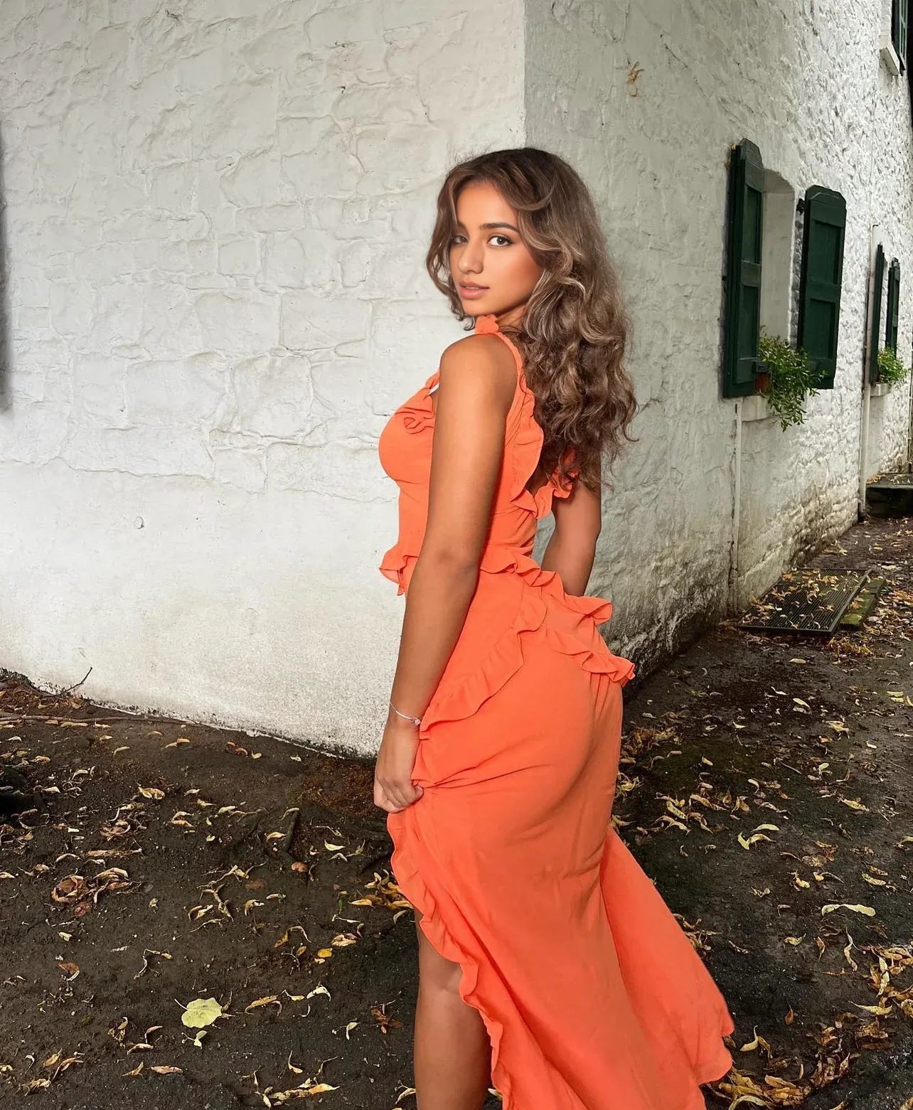 Weitese Dress Deep U Neck Asymmetrical Ruffle Backless Maxi Dress Sexy Orange Evening Party Dresses Prom Dress