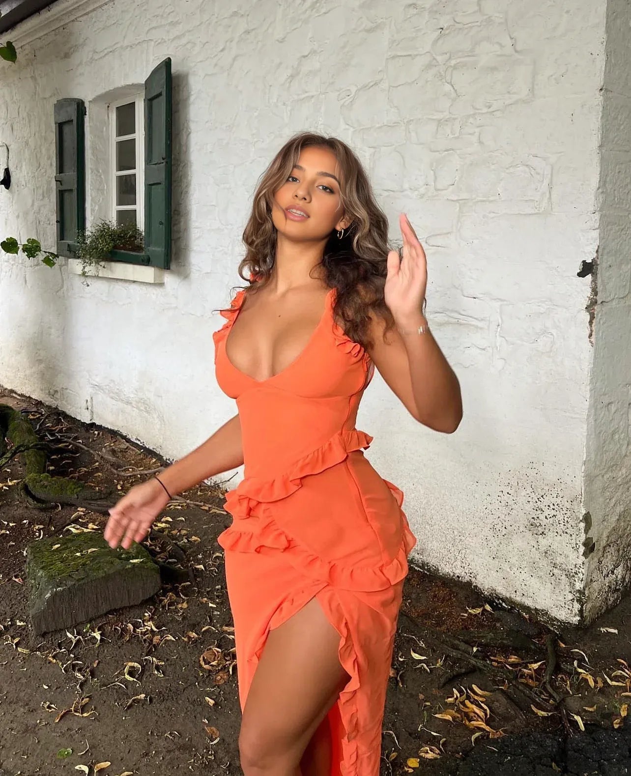 Weitese Dress Deep U Neck Asymmetrical Ruffle Backless Maxi Dress Sexy Orange Evening Party Dresses Prom Dress