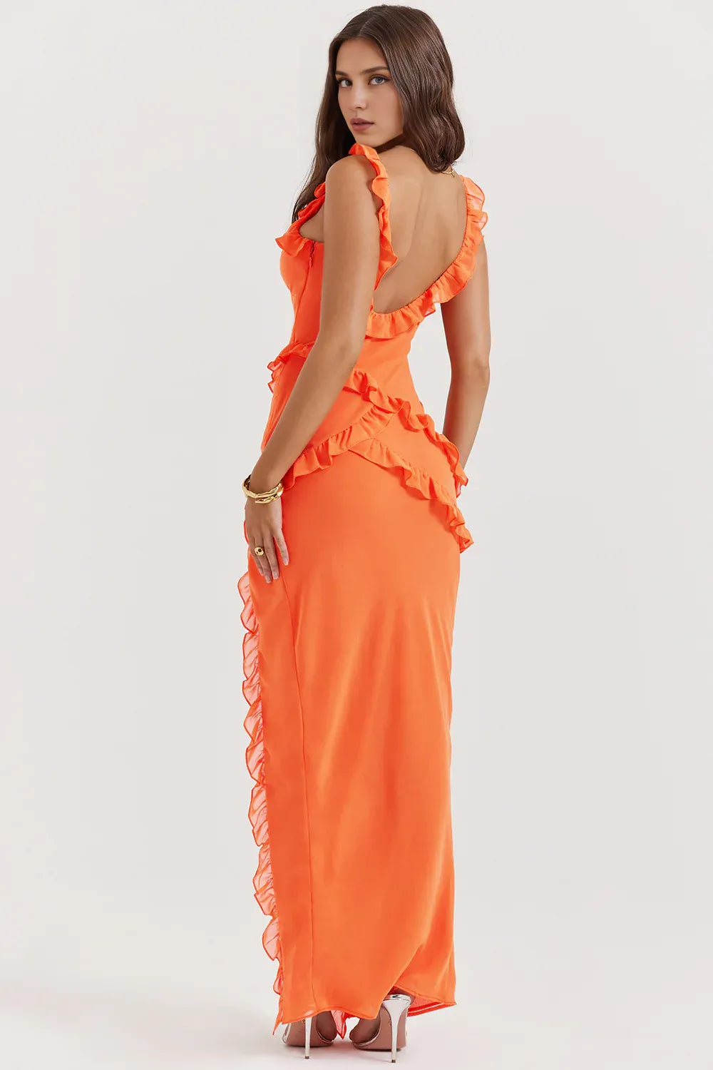 Weitese Dress Deep U Neck Asymmetrical Ruffle Backless Maxi Dress Sexy Orange Evening Party Dresses Prom Dress