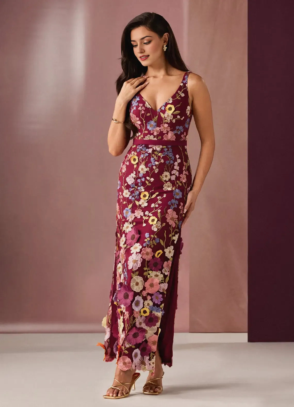 Weitese Dress Deep V Neck Black Romantic 3D Flower Maxi Dress Sleeveless Mermaid Slit Prom Dress