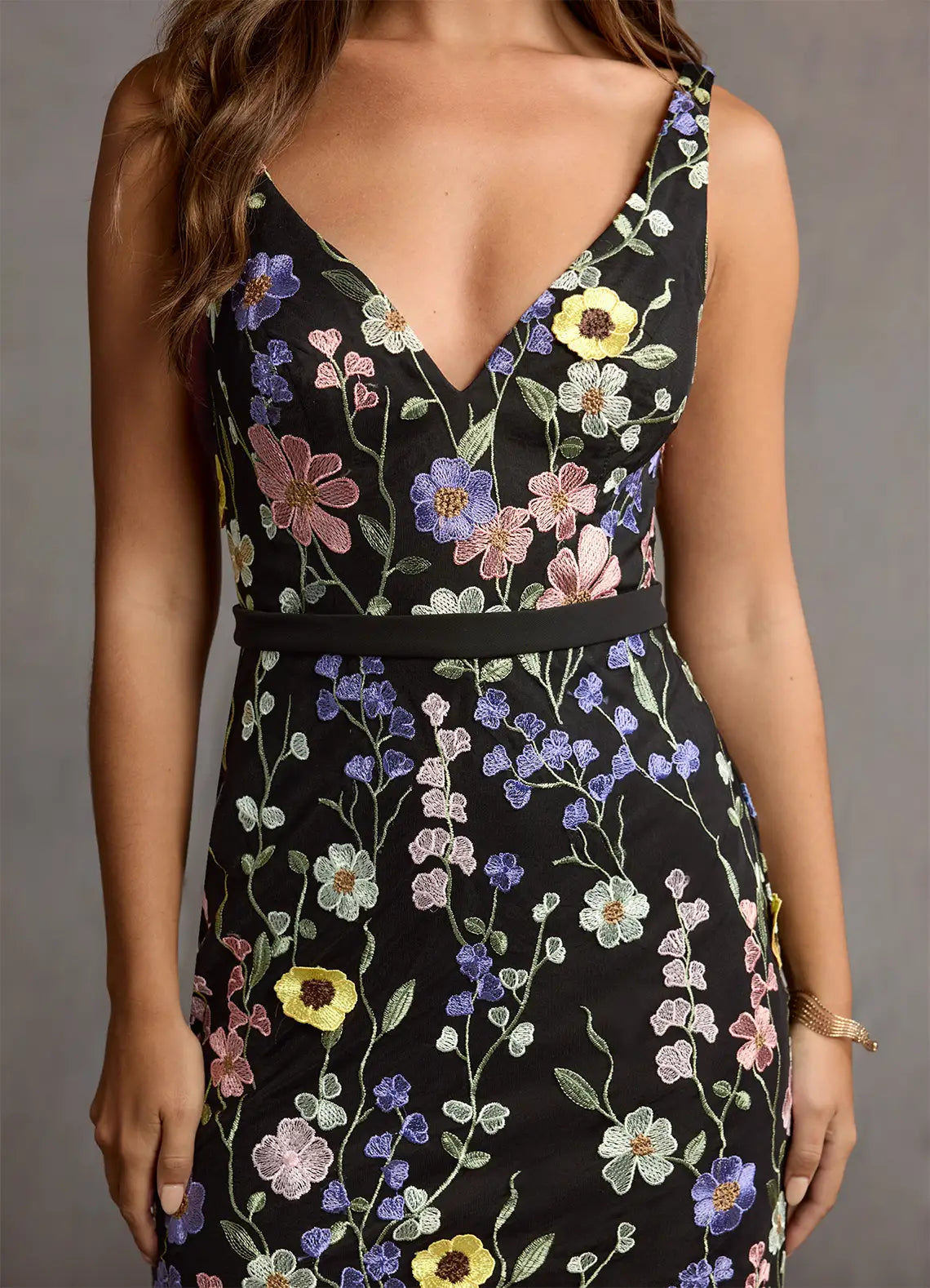 Weitese Dress Deep V Neck Black Romantic 3D Flower Maxi Dress Sleeveless Mermaid Slit Prom Dress