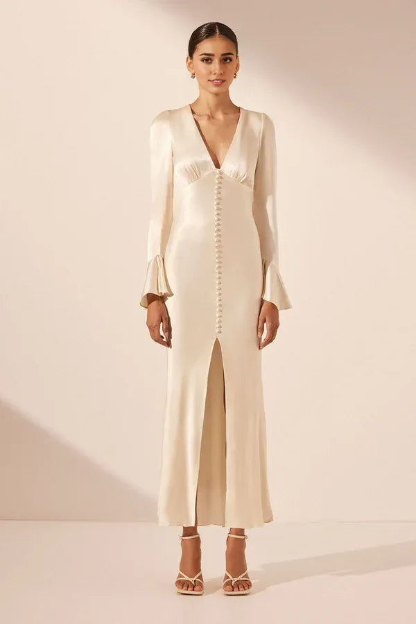 Vestido Weitese con escote en V profundo, mangas largas, vestido maxi color crema hasta los tobillos, vestido de fiesta, vestido de noche con abertura 