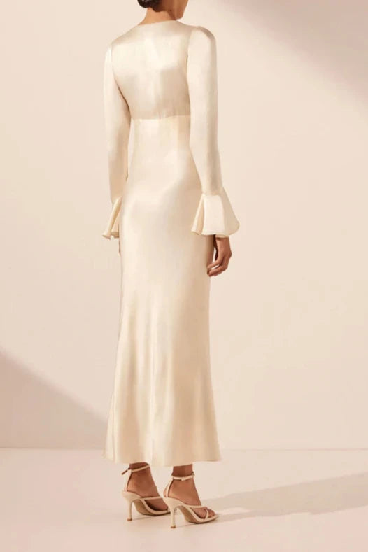 Vestido Weitese con escote en V profundo, mangas largas, vestido maxi color crema hasta los tobillos, vestido de fiesta, vestido de noche con abertura 