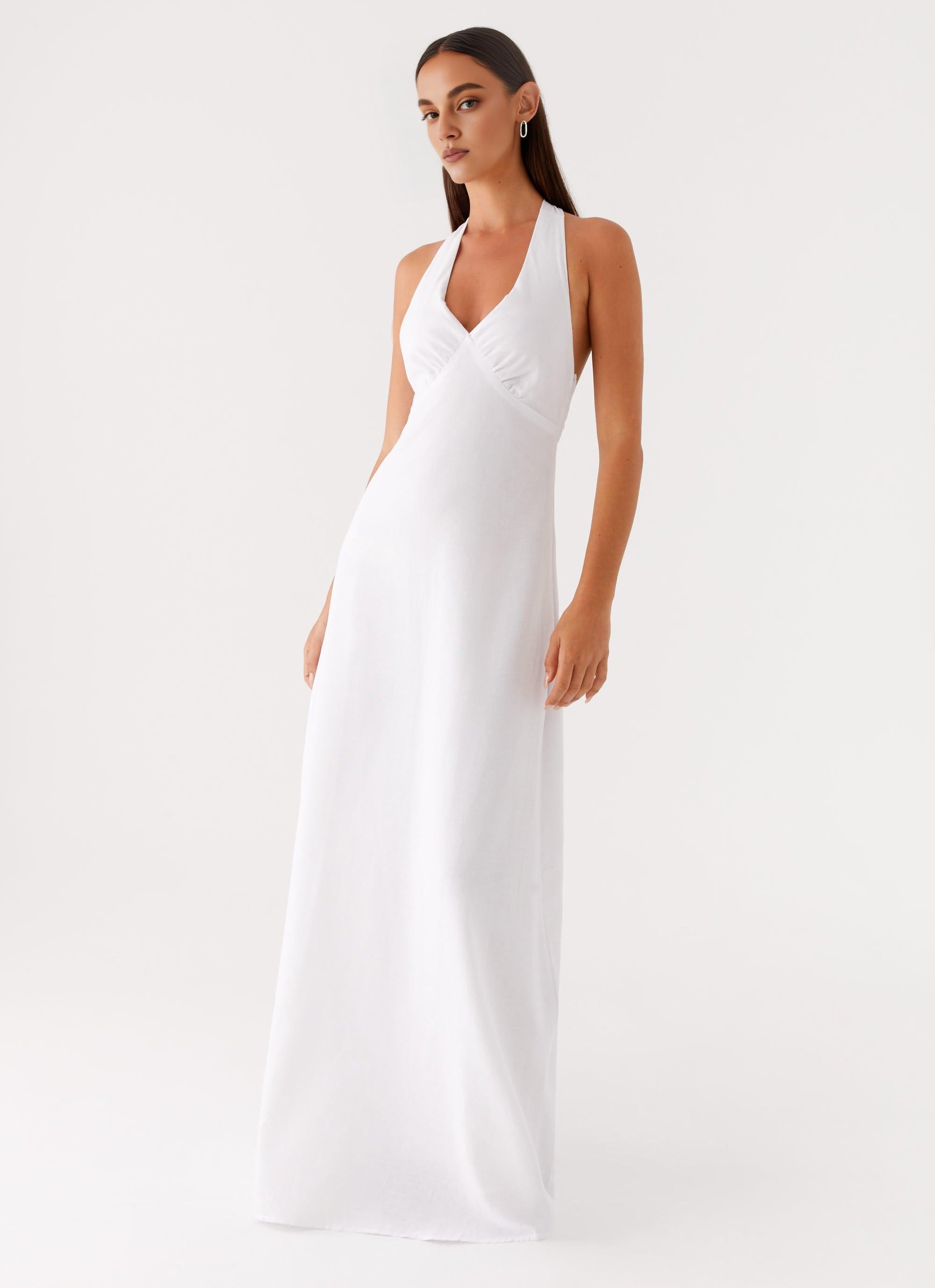 Weitese Dress Deep V Neck Maxi Dress Sheath Sleeveless White Satin Backless Lace Up Prom Dress
