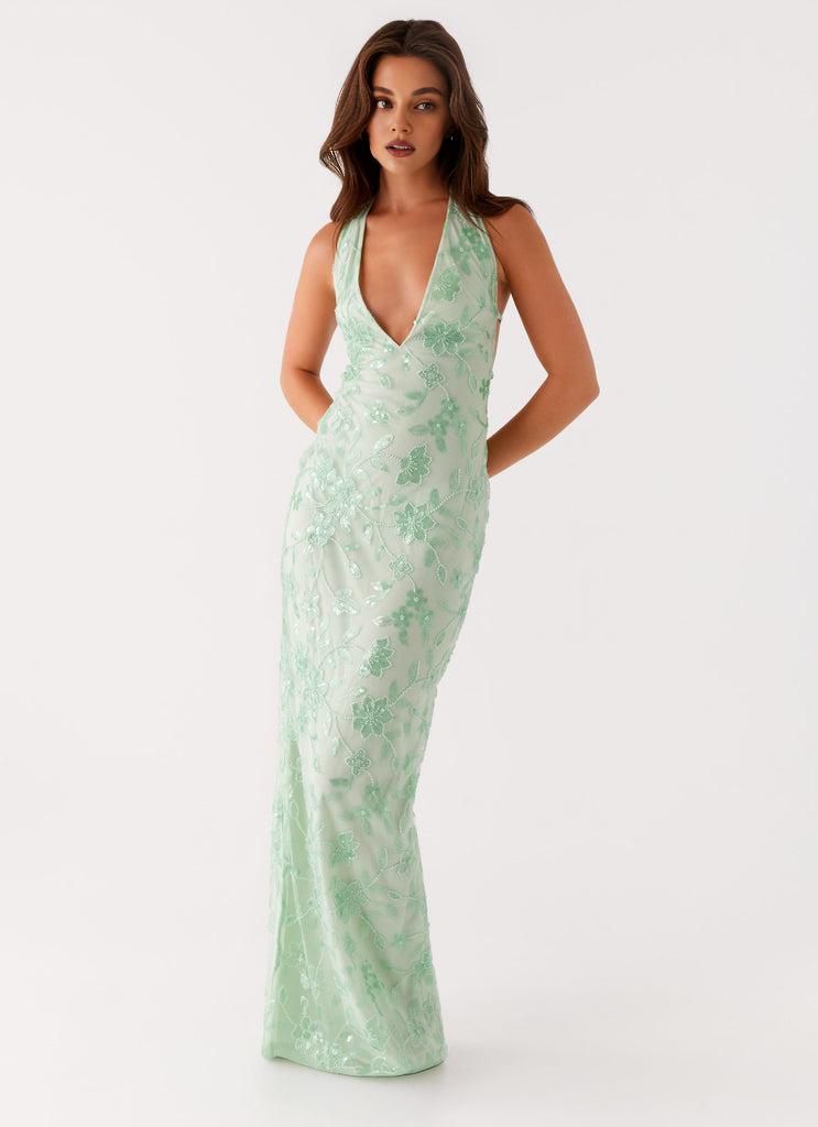 Weitese Dress Deep V Neck Maxi Dress Sleeveless Sage Backless Prom Dress With Sequins/Beading Embellishment