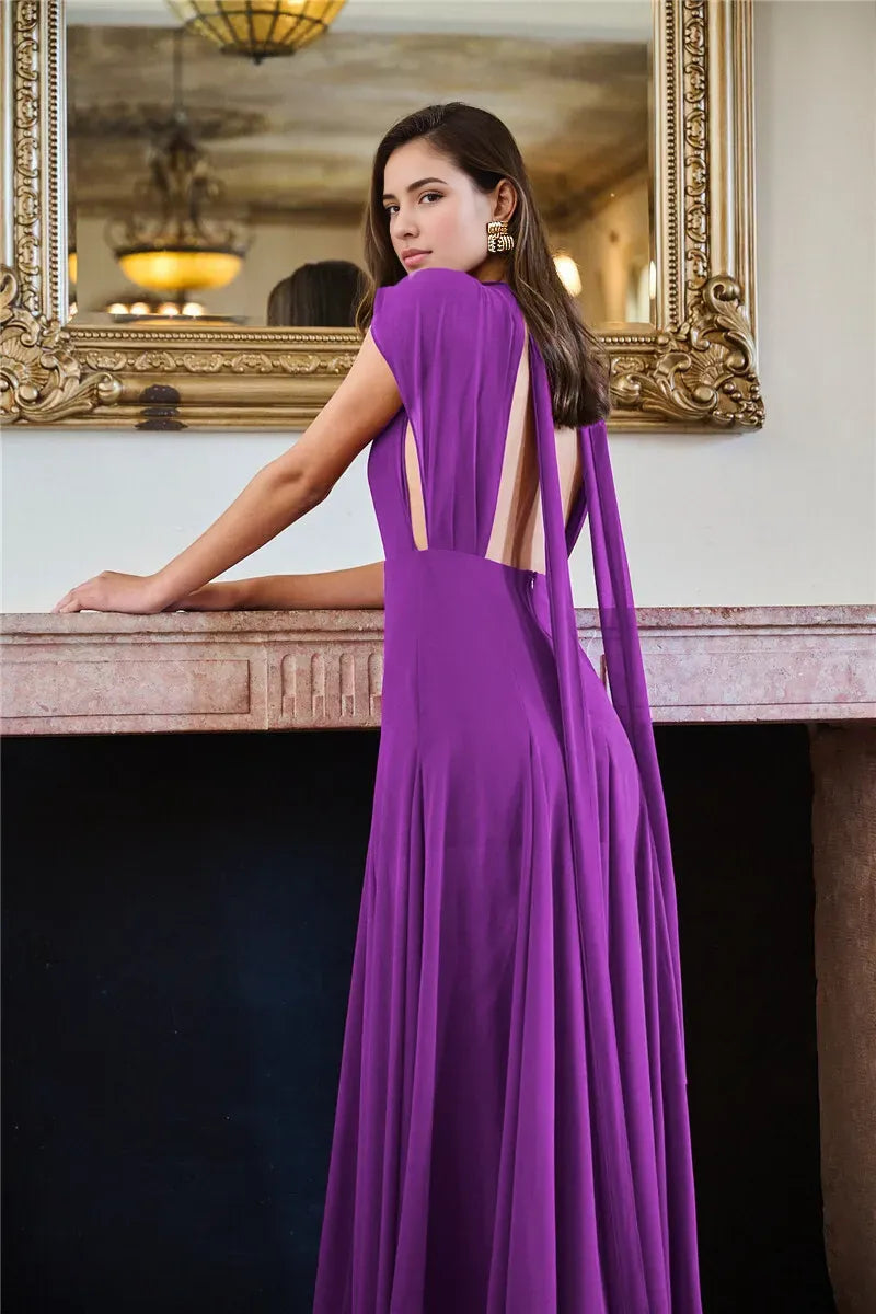 Weitese Dress Deep V Neck Purple Maxi Dress High Slit Party Dress Elegant Sleeveless Backless Prom Dress