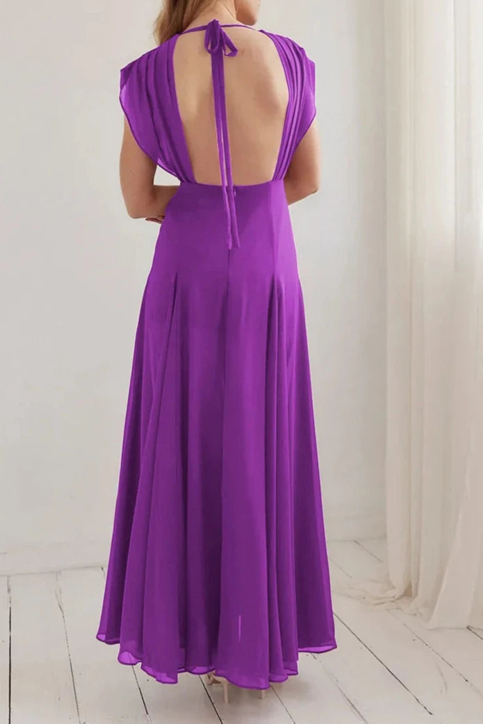 Vestido largo morado con escote en V profundo, elegante vestido de fiesta con abertura alta, sin mangas y espalda descubierta. 