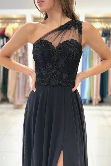 Robe de soirée longue noire de créateur Weitese, asymétrique, en dentelle, avec fente 