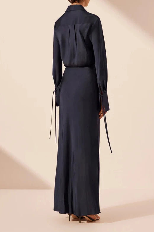 Vestido largo Weitese con camisa drapeada, cuello en V, mangas largas, azul Egeo, largo hasta los tobillos, vestido de fiesta, vestido de noche 