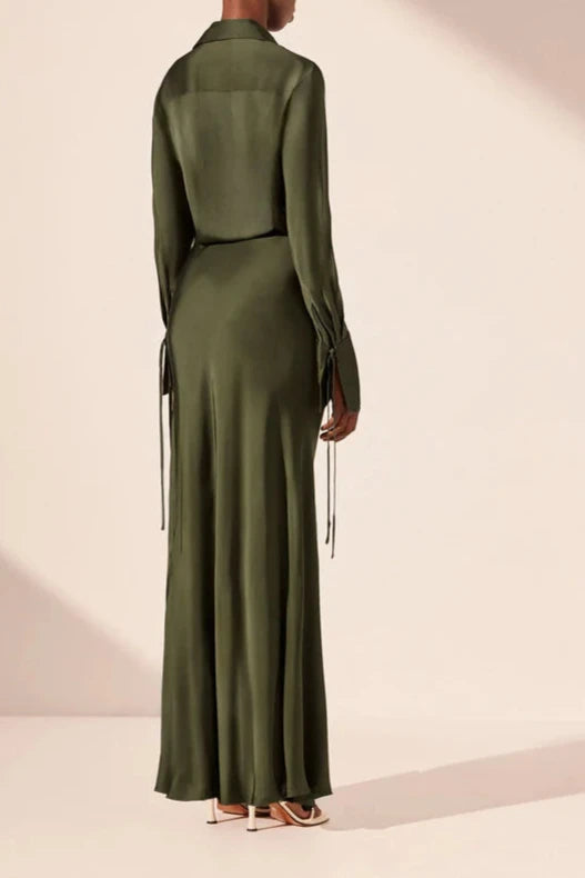 Vestido largo Weitese con camisa drapeada, escote en V, mangas largas, largo hasta los tobillos, volantes, color marfil, para fiesta y noche. 