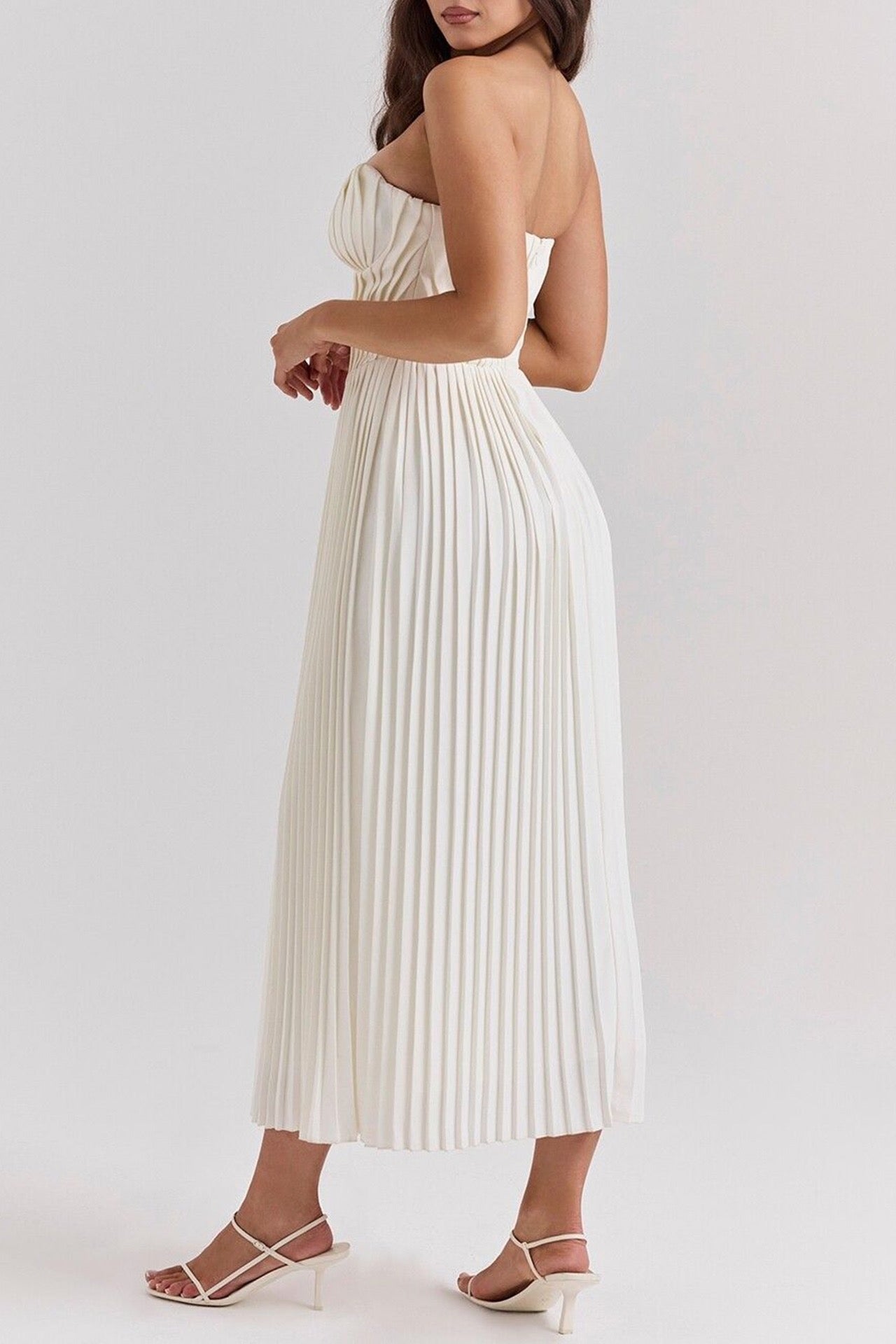 Weitese Dress/Dresses for Women Casual Solid Color Pleated Elegant Strapless Midi Dress for Cocktail Prom Dress