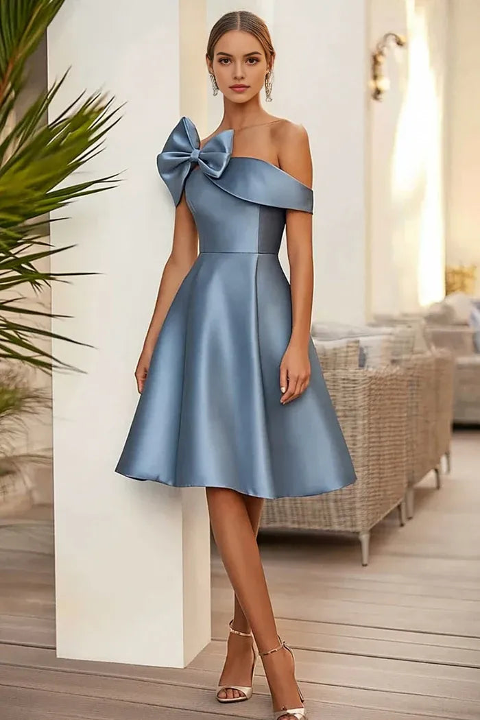 Weitese Dress Dusty Blue A Line Stain Midi Homecoming Dress Sleeveless Lace Up With Bow