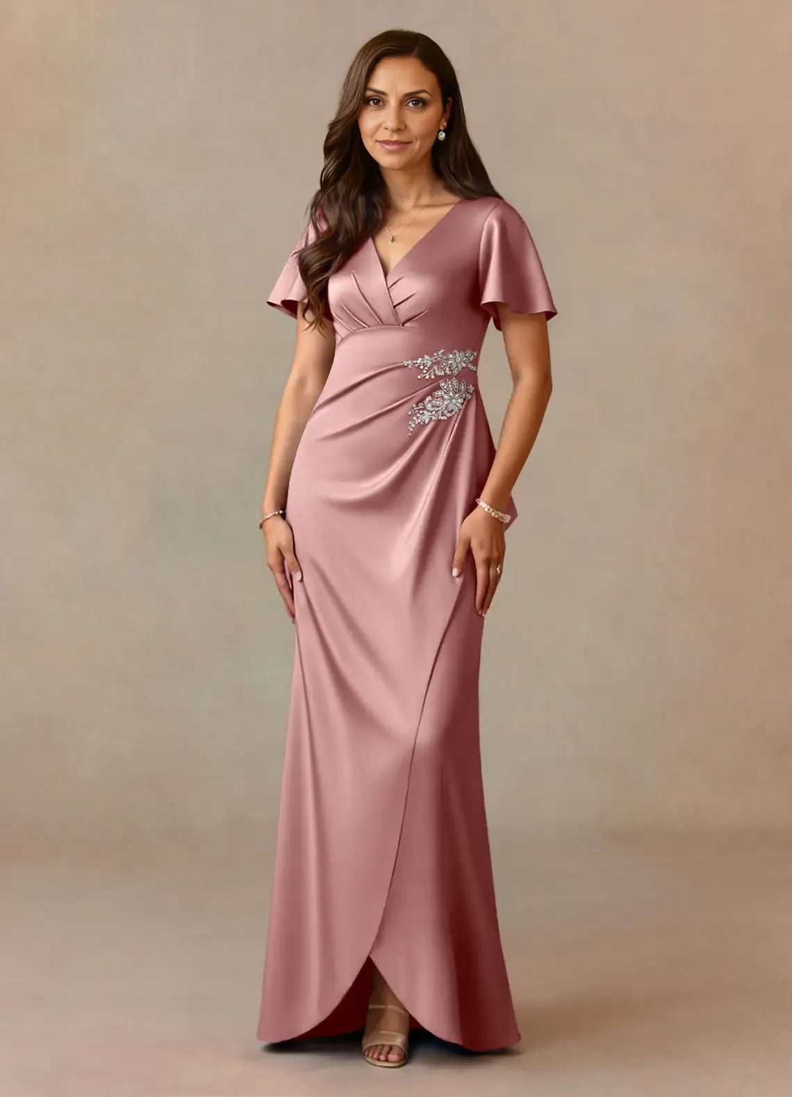 Weitese Dress Dusty Rose A-Line Pleated Satin Dress V-Neck Flutter Sleeve Beaded Floor-Length Mother of the Bride Dress