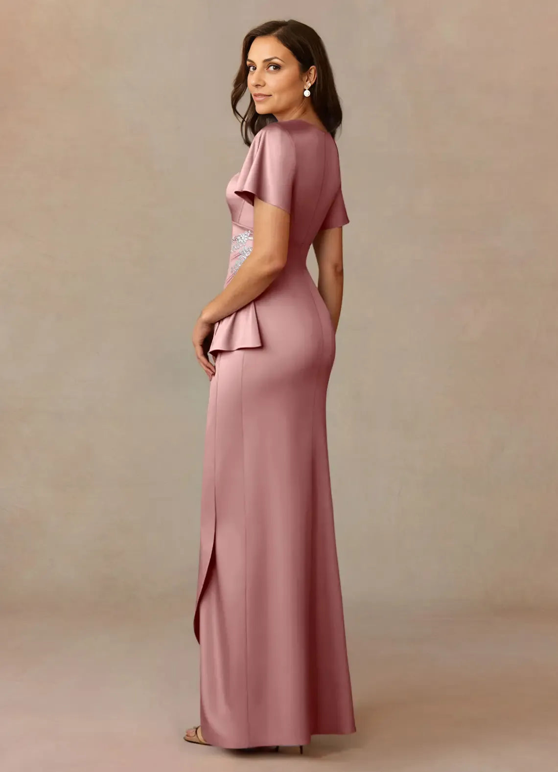 Weitese Dress Dusty Rose A-Line Pleated Satin Dress V-Neck Flutter Sleeve Beaded Floor-Length Mother of the Bride Dress