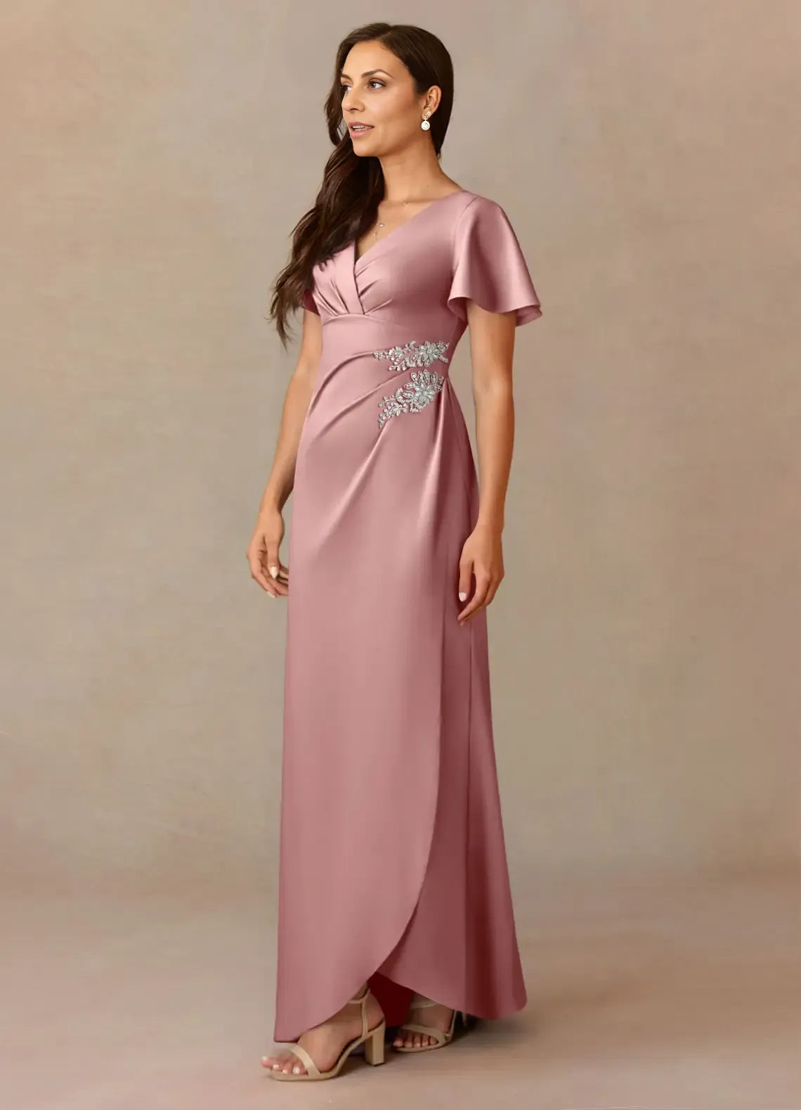 Weitese Dress Dusty Rose A-Line Pleated Satin Dress V-Neck Flutter Sleeve Beaded Floor-Length Mother of the Bride Dress