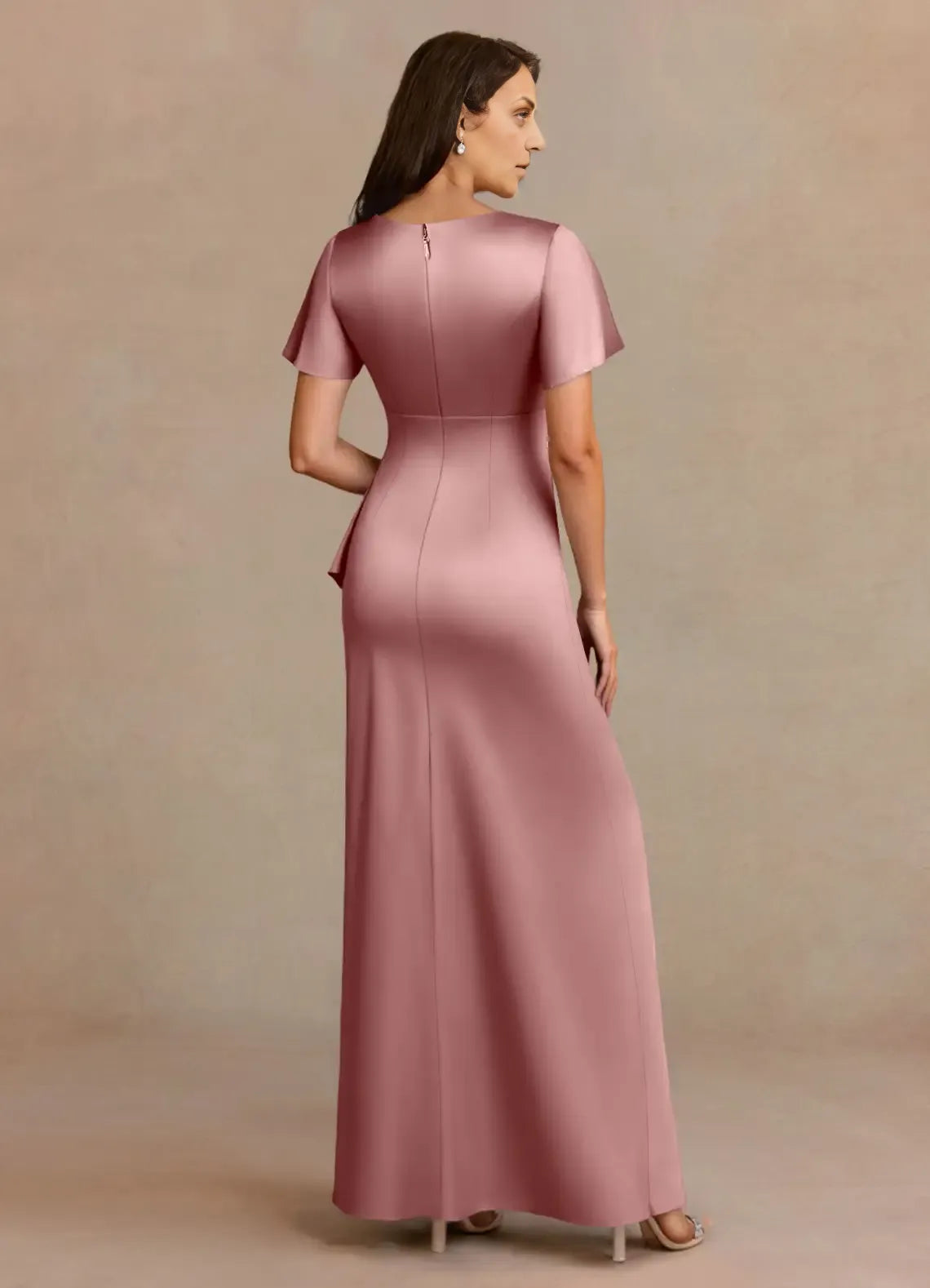 Weitese Dress Dusty Rose A-Line Pleated Satin Dress V-Neck Flutter Sleeve Beaded Floor-Length Mother of the Bride Dress