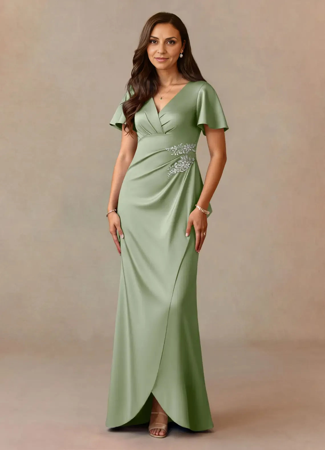 Weitese Dress Dusty Rose A-Line Pleated Satin Dress V-Neck Flutter Sleeve Beaded Floor-Length Mother of the Bride Dress