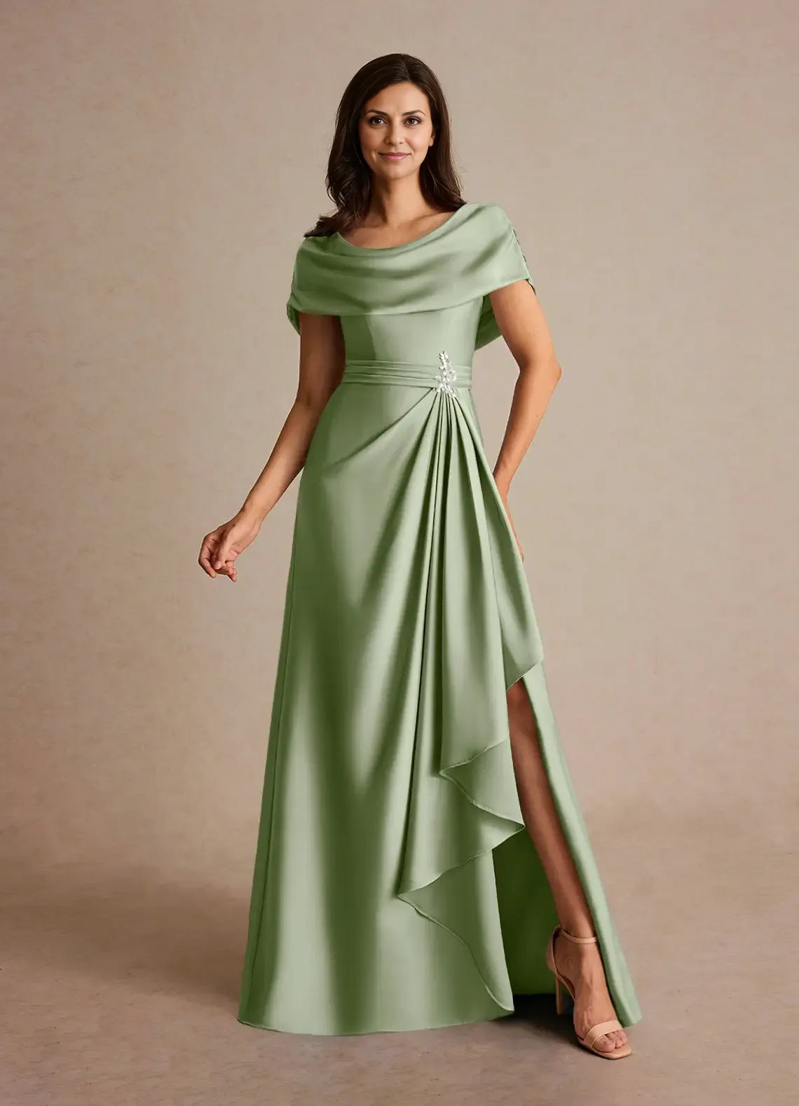 Weitese Dress Dusty Sage A-Line Pleated Satin Maxi Dress Fashion Cap Sleeves Cowl Back Mother of the Bride Dress