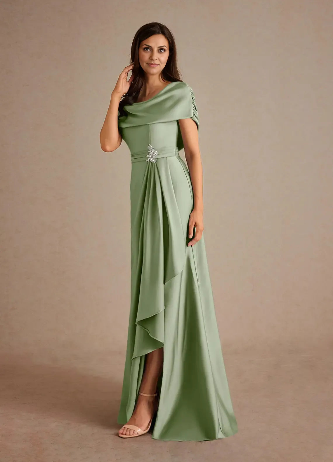 Weitese Dress Dusty Sage A-Line Pleated Satin Maxi Dress Fashion Cap Sleeves Cowl Back Mother of the Bride Dress