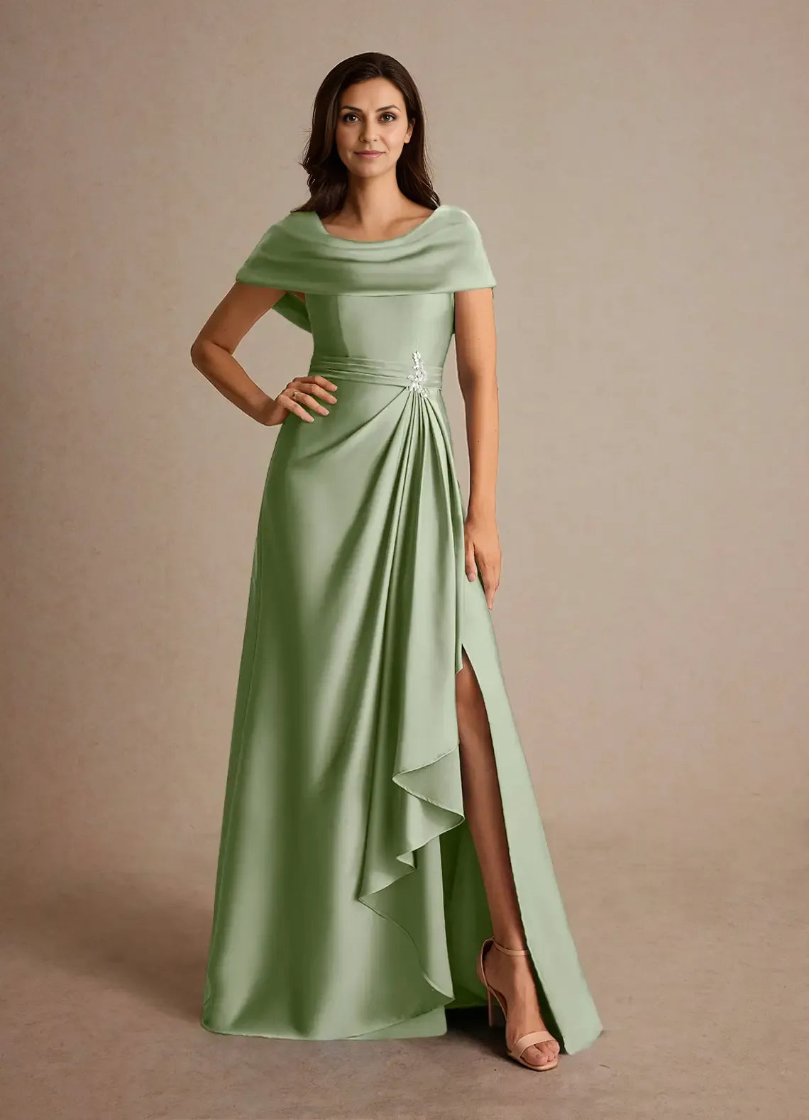 Weitese Dress Dusty Sage A-Line Pleated Satin Maxi Dress Fashion Cap Sleeves Cowl Back Mother of the Bride Dress
