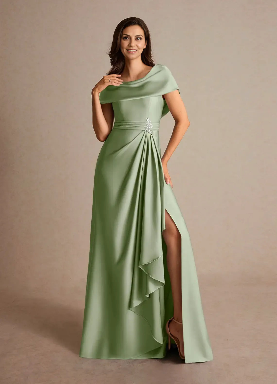 Weitese Dress Dusty Sage A-Line Pleated Satin Maxi Dress Fashion Cap Sleeves Cowl Back Mother of the Bride Dress