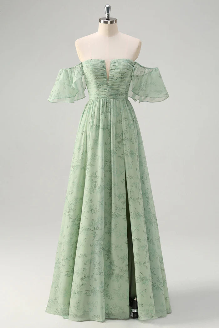 Vestido Weitese Dusty Sage Línea A Hombros Descubiertos Estampado Maxi Vestido de Fiesta Sin Mangas Vestido de Noche con Abertura 